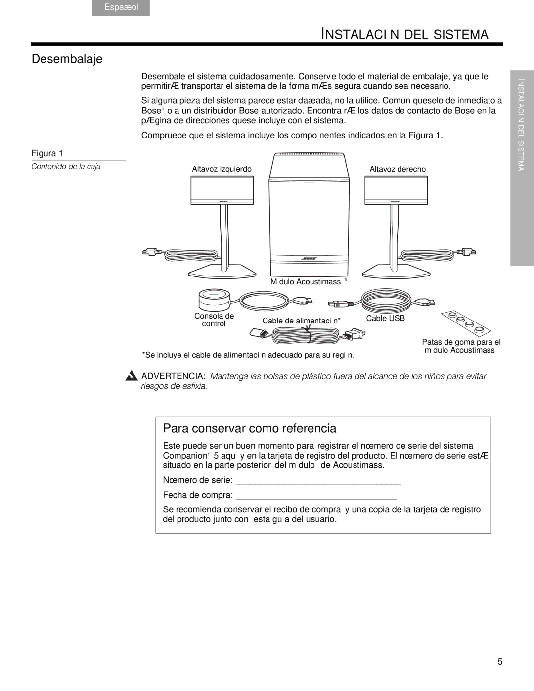 Bose Companion (R) 5, 40326 manual Instalación DEL Sistema, Desembalaje, Para conservar como referencia 