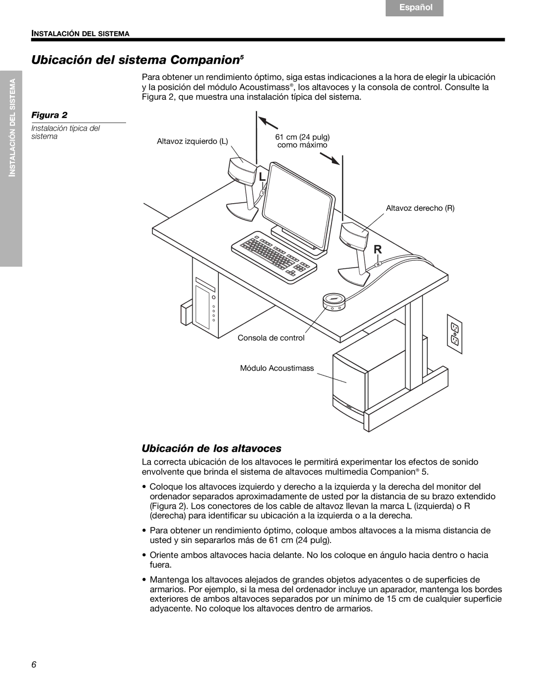 Bose 40326, Companion (R) 5 manual Ubicación del sistema Companion5, Ubicación de los altavoces 