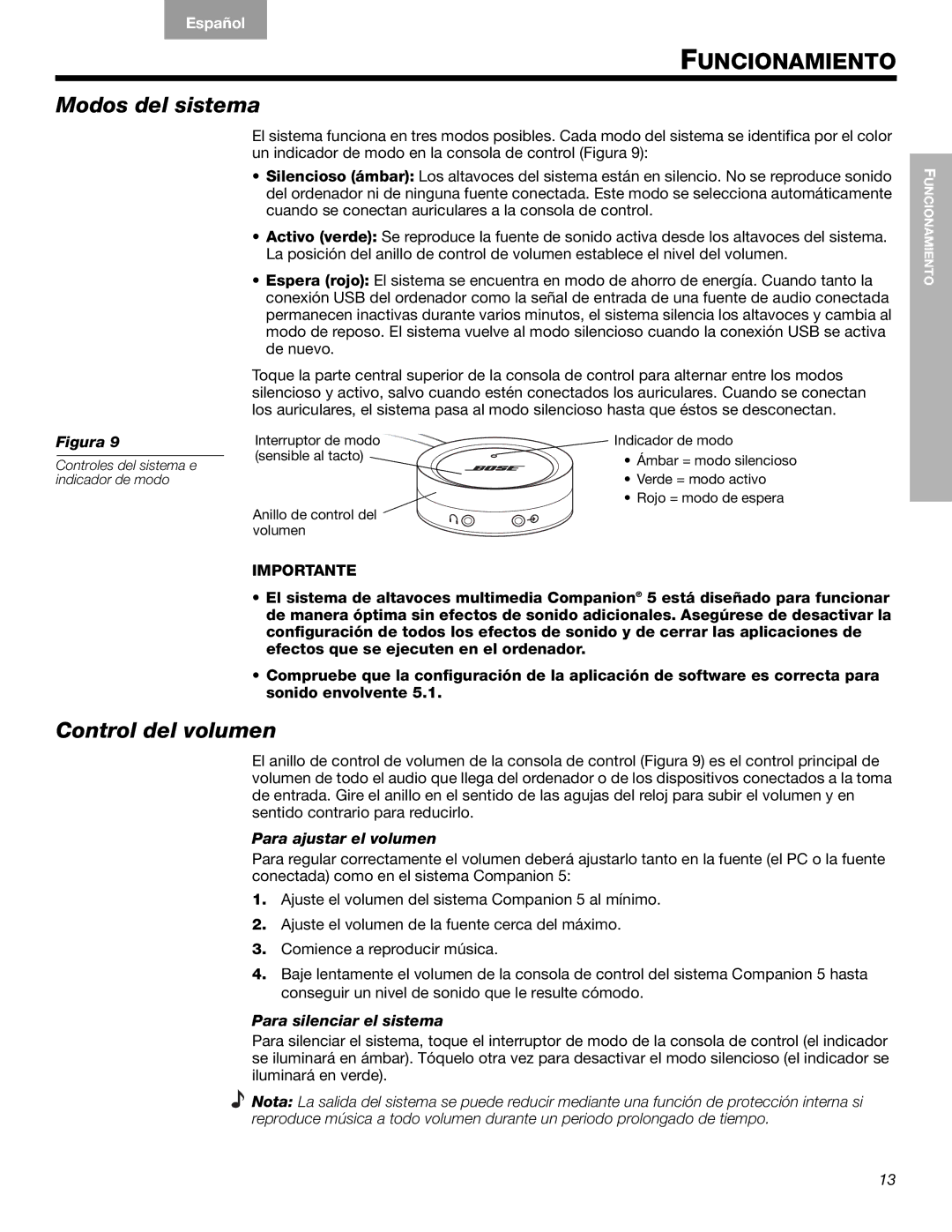 Bose Companion (R) 5, 40326 manual Funcionamiento, Modos del sistema, Control del volumen, Para ajustar el volumen 