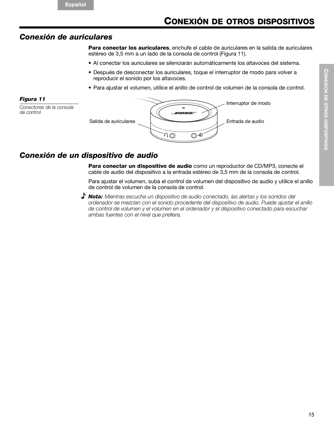 Bose Companion (R) 5, 40326 Conexión DE Otros Dispositivos, Conexión de auriculares, Conexión de un dispositivo de audio 