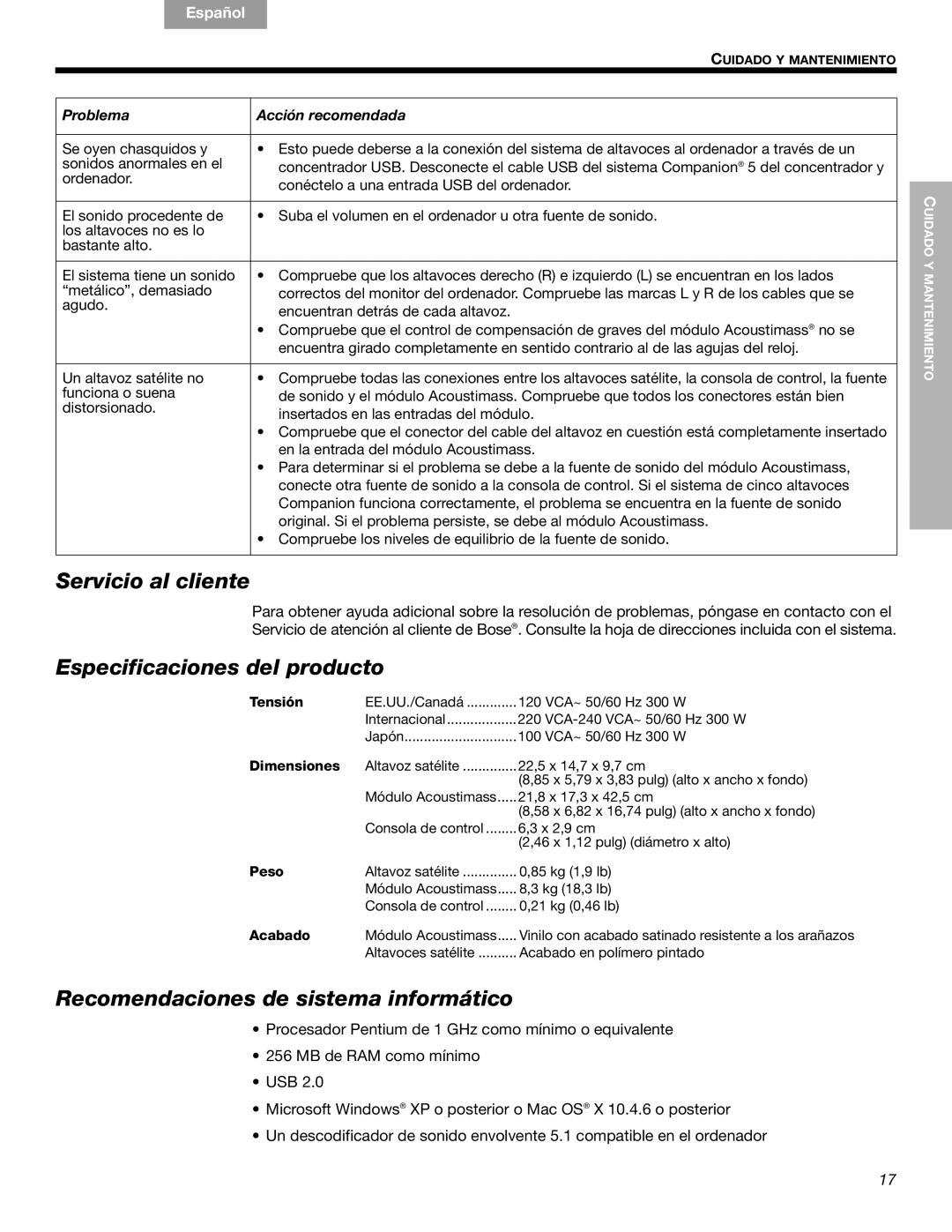 Bose Companion (R) 5, 40326 Servicio al cliente, Especificaciones del producto, Recomendaciones de sistema informático 