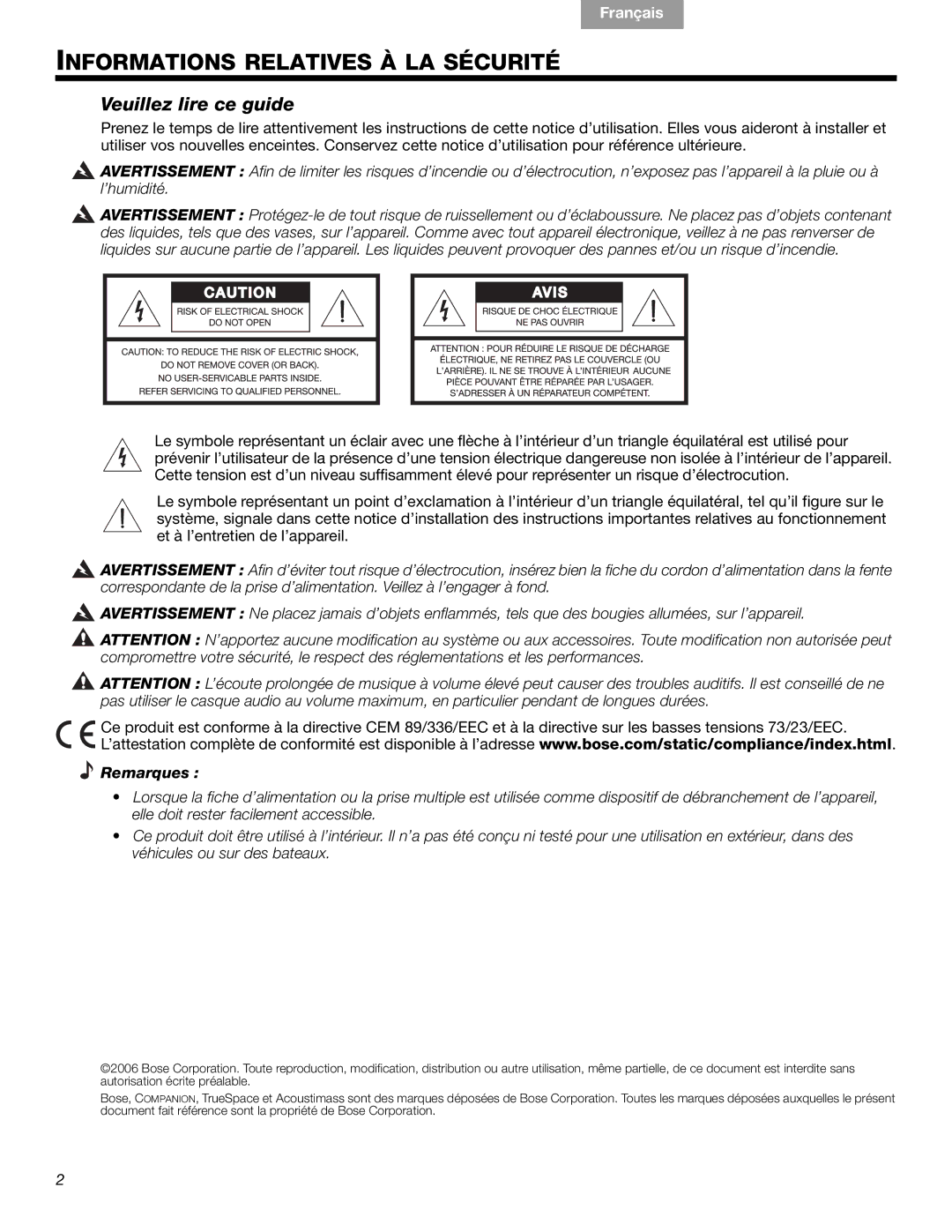 Bose 40326, Companion (R) 5 manual Informations Relatives À LA Sécurité, Veuillez lire ce guide, Remarques 