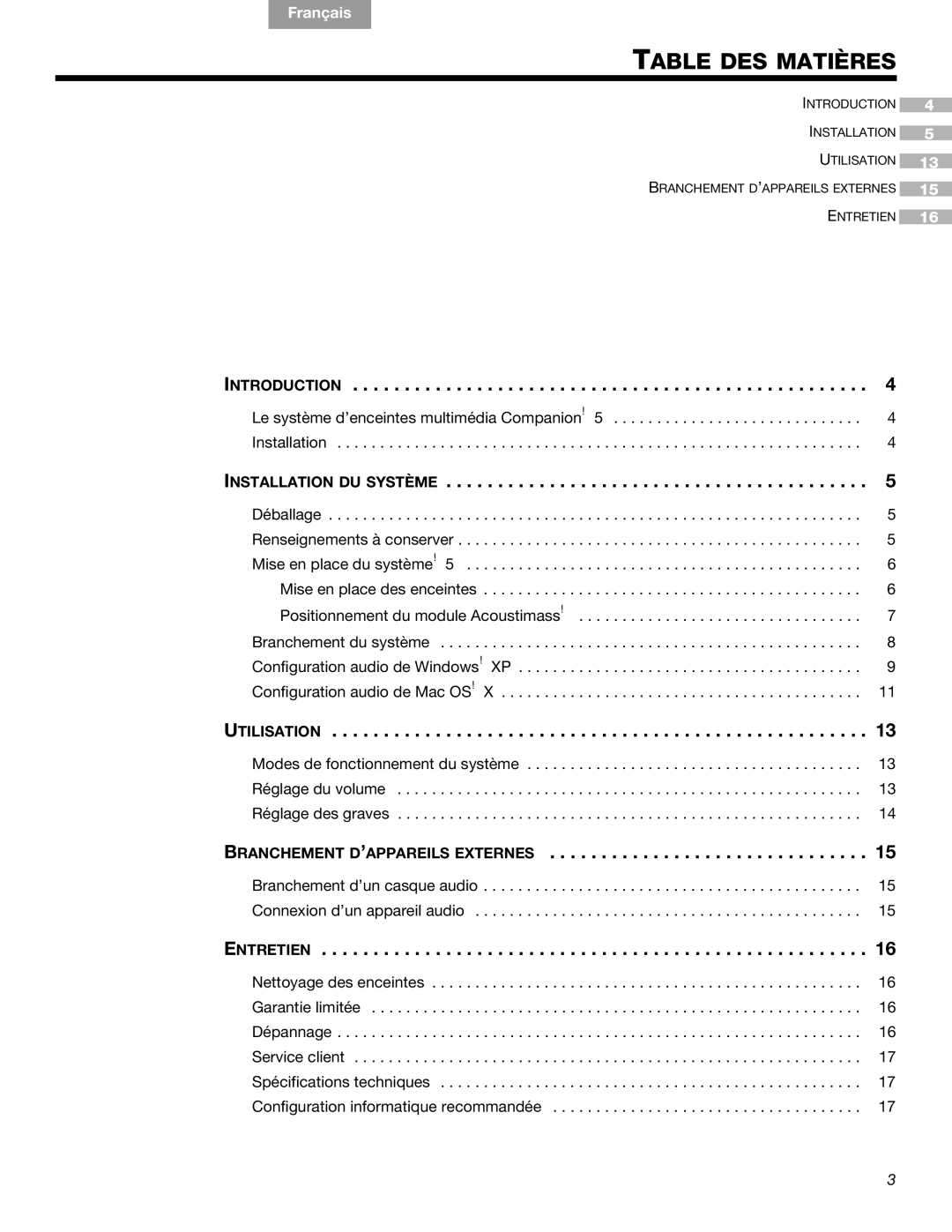 Bose Companion (R) 5, 40326 manual Table DES Matières, Installation DU Système 