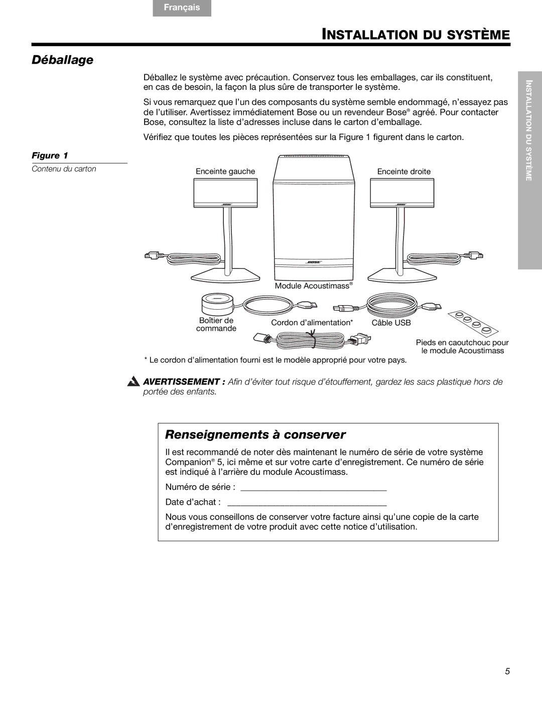 Bose Companion (R) 5, 40326 manual Installation DU Système, Déballage, Renseignements à conserver 