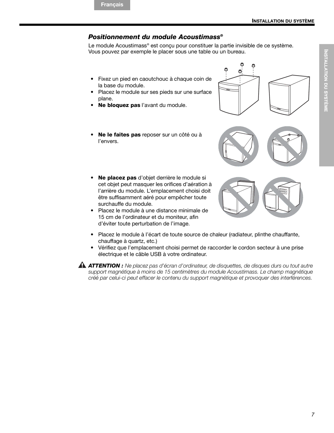 Bose Companion (R) 5, 40326 manual Positionnement du module Acoustimass 