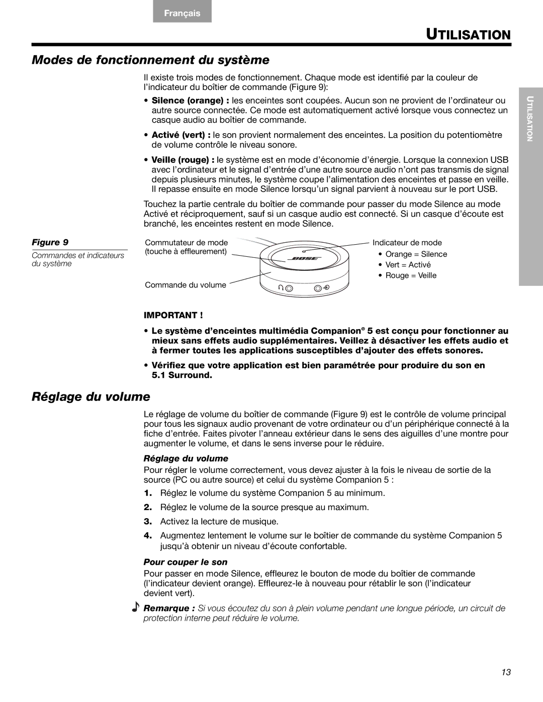 Bose Companion (R) 5, 40326 manual Utilisation, Modes de fonctionnement du système, Réglage du volume, Pour couper le son 