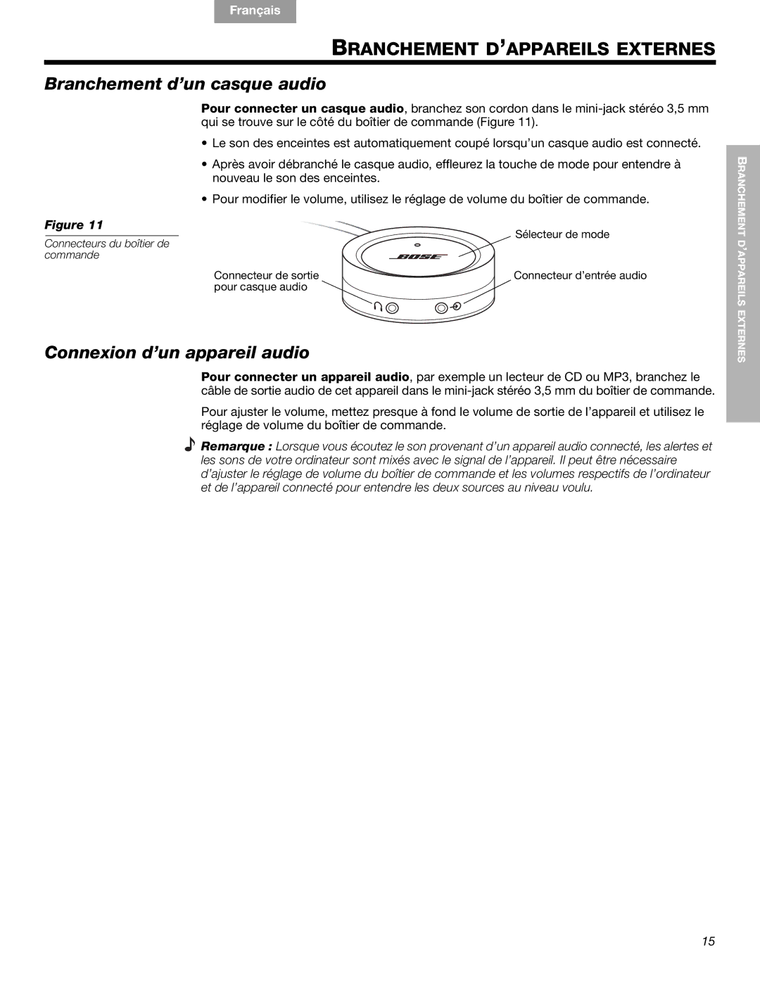 Bose Companion (R) 5, 40326 Branchement D’APPAREILS Externes, Branchement d’un casque audio, Connexion d’un appareil audio 