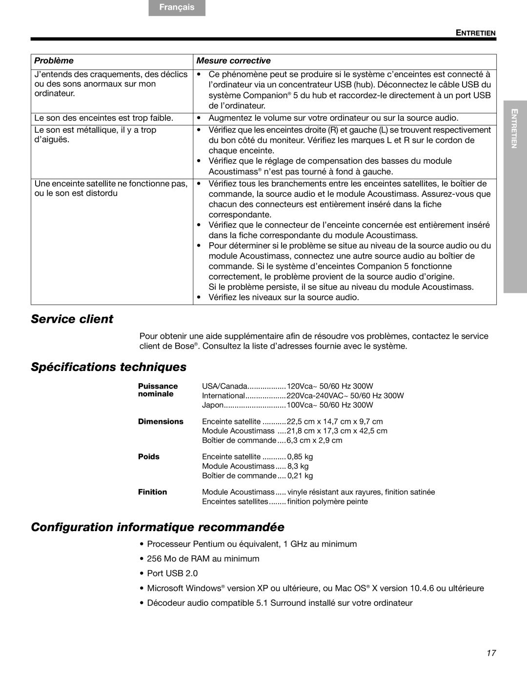 Bose Companion (R) 5, 40326 manual Service client, Spécifications techniques, Configuration informatique recommandée 