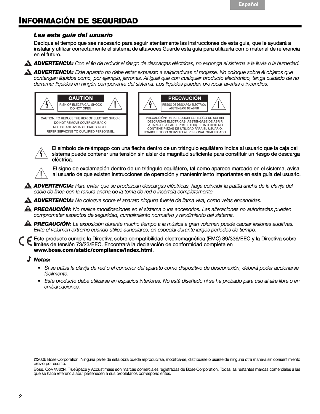 Bose 40326, Companion (R) 5 manual Información De Seguridad, Lea esta guía del usuario, Français, Español, English, Notas 