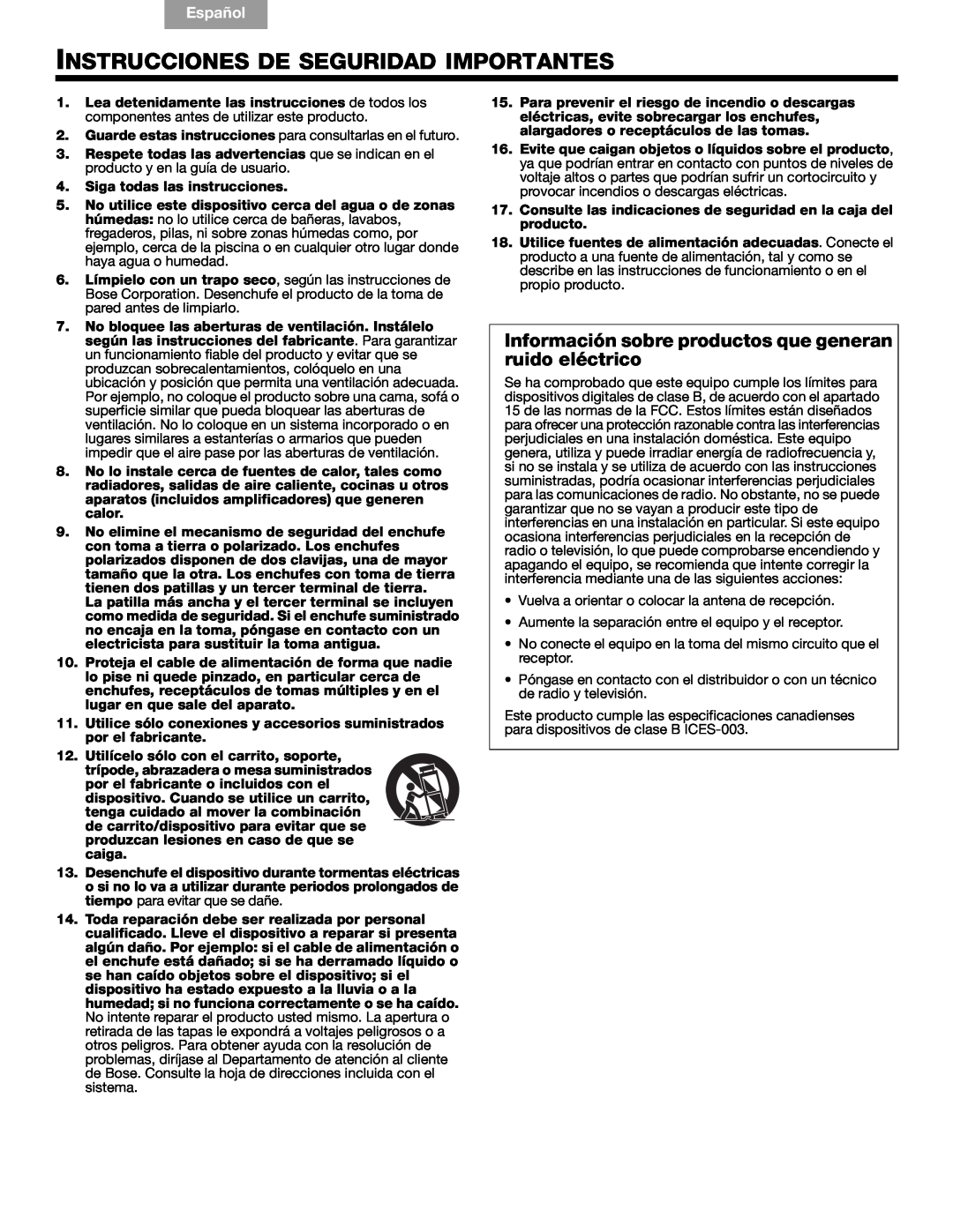 Bose Companion (R) 5, 40326 manual Instrucciones De Seguridad Importantes, English, Español, Français 