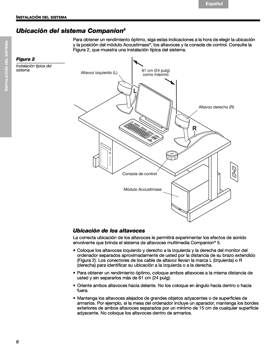 Bose 40326 manual Ubicación del sistema Companion5, Ubicación de los altavoces, Français, Español, English, Figura 