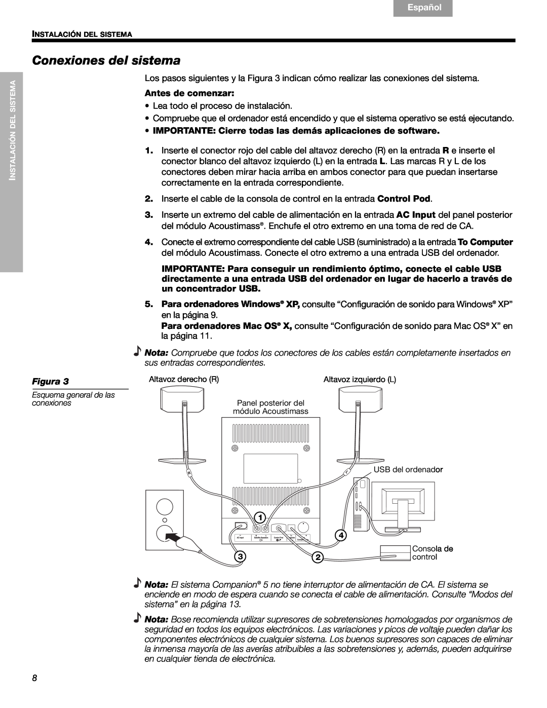 Bose 40326, Companion (R) 5 manual Conexiones del sistema, Français, Español, English, Figura 