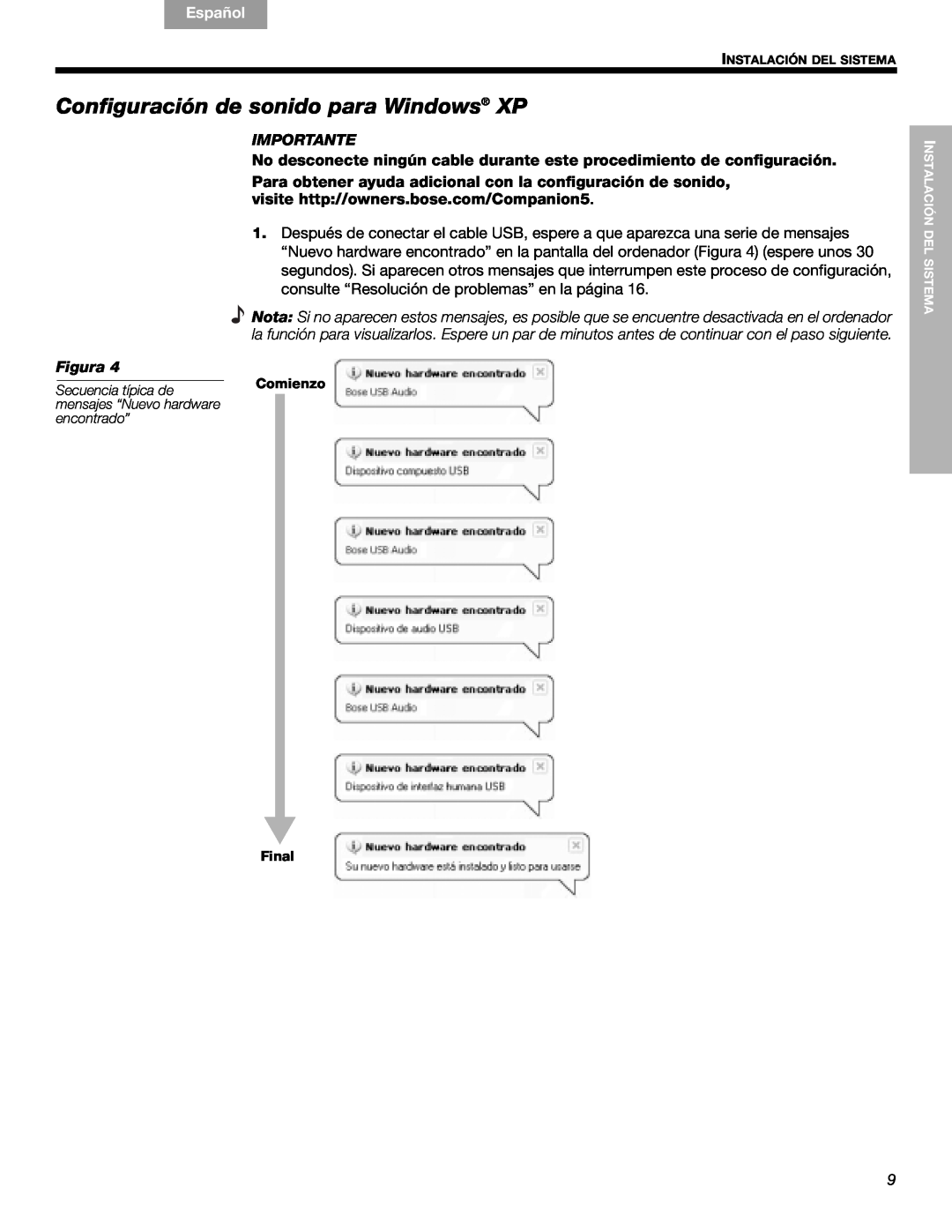 Bose Companion (R) 5, 40326 manual Configuración de sonido para Windows XP, English, Español, Français, Importante, Figura 