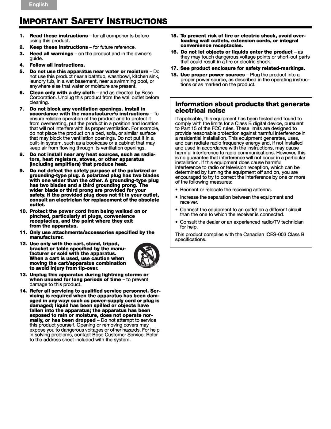 Bose Companion (R) 5, 40326 manual Important Safety Instructions, English, Español Français 