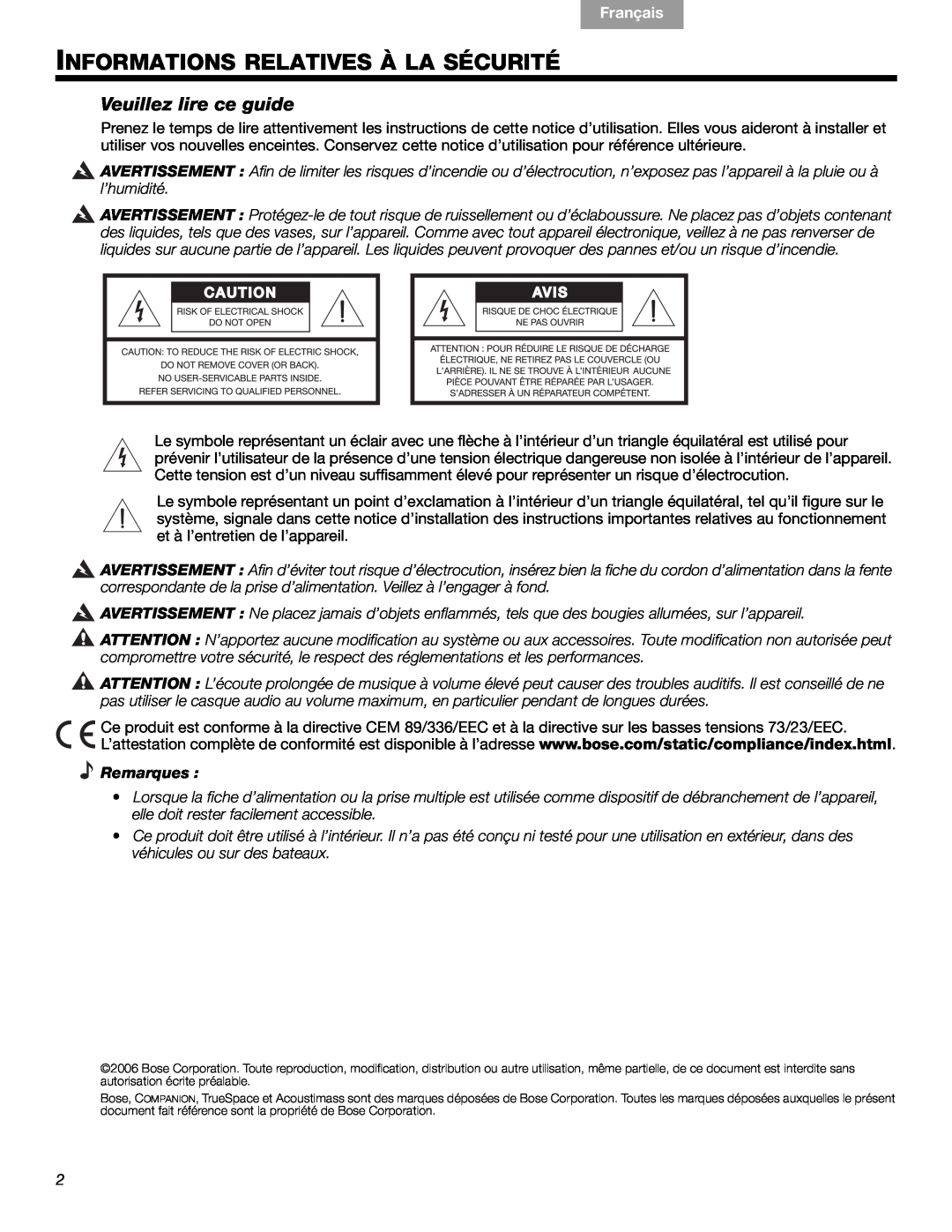 Bose 40326 manual Informations Relatives À La Sécurité, Veuillez lire ce guide, Français, Español English, Remarques 