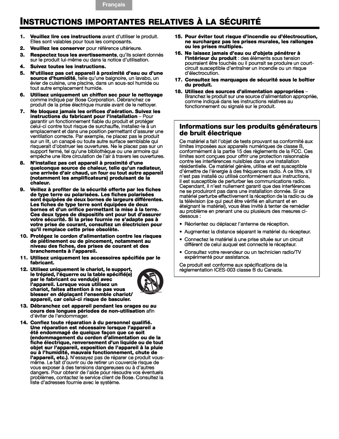 Bose Companion (R) 5, 40326 manual Instructions Importantes Relatives À La Sécurité, English Español, Français 