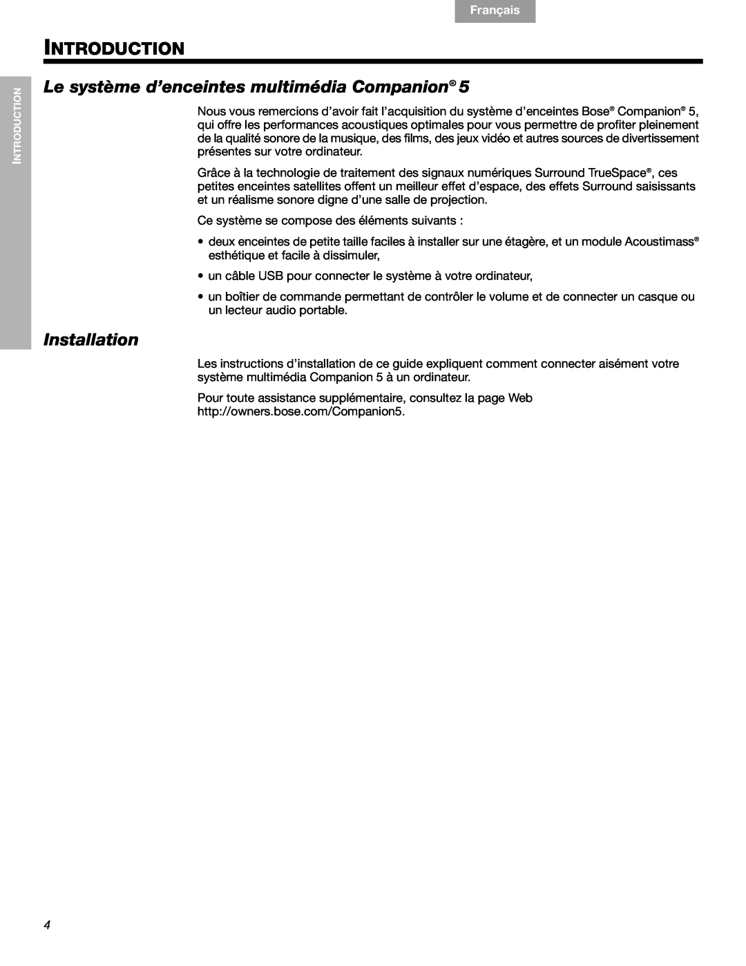 Bose 40326 manual Le système d’enceintes multimédia Companion, Installation, Introduction, Français, Español, English 