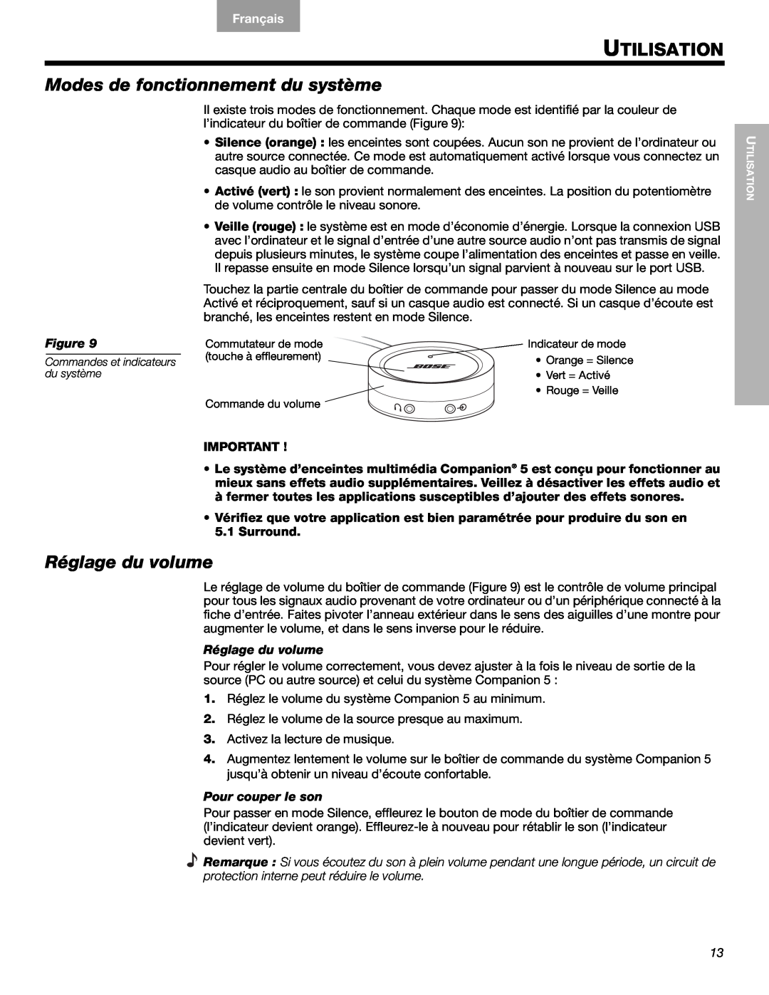 Bose Companion (R) 5, 40326 Utilisation, Modes de fonctionnement du système, Réglage du volume, English, Español, Français 