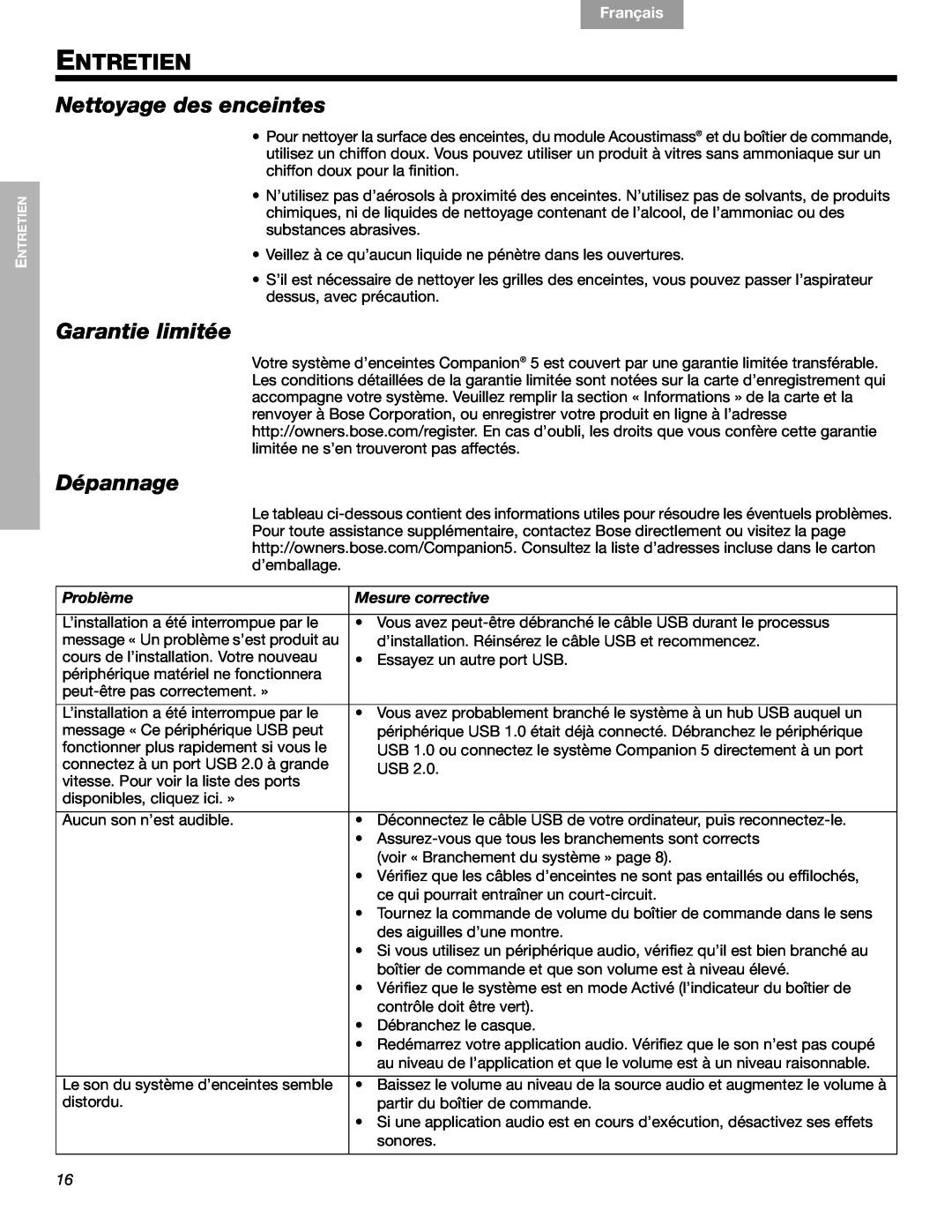 Bose 40326 manual Entretien, Nettoyage des enceintes, Garantie limitée, Dépannage, Français, Español, English, Problème 