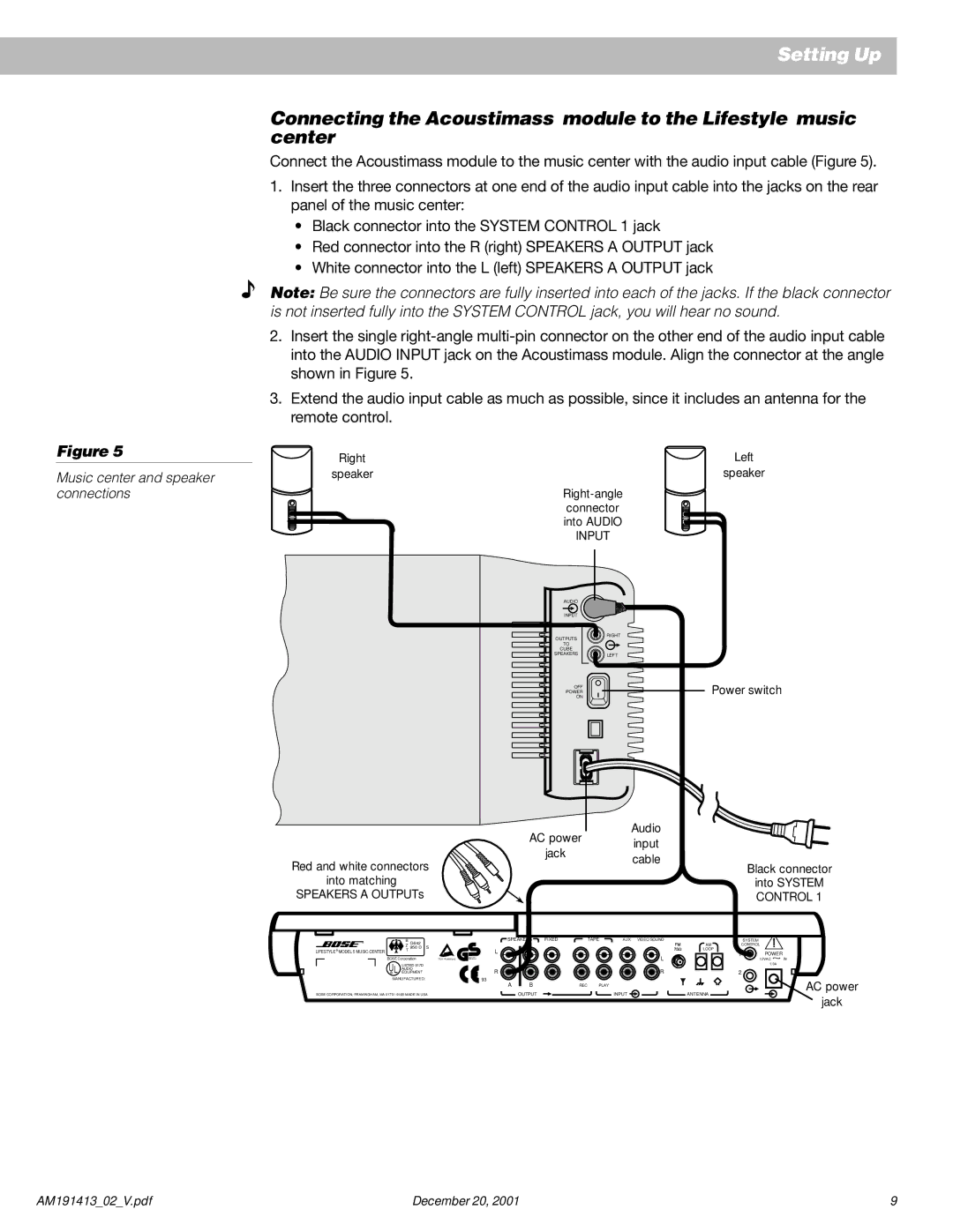 Bose 5 manual Music center and speaker connections 