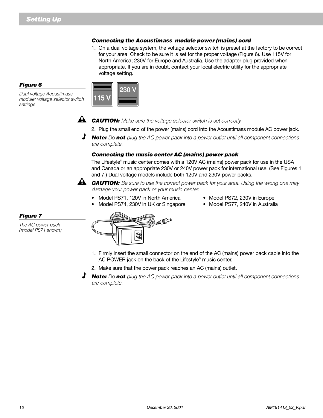 Bose 5 manual Connecting the Acoustimass module power mains cord, Connecting the music center AC mains power pack 