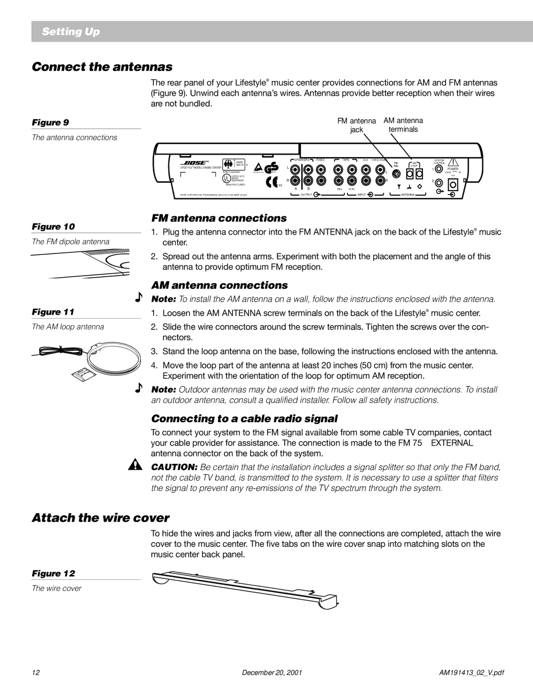 Bose 5 manual Connect the antennas, Attach the wire cover, FM antenna connections, AM antenna connections 