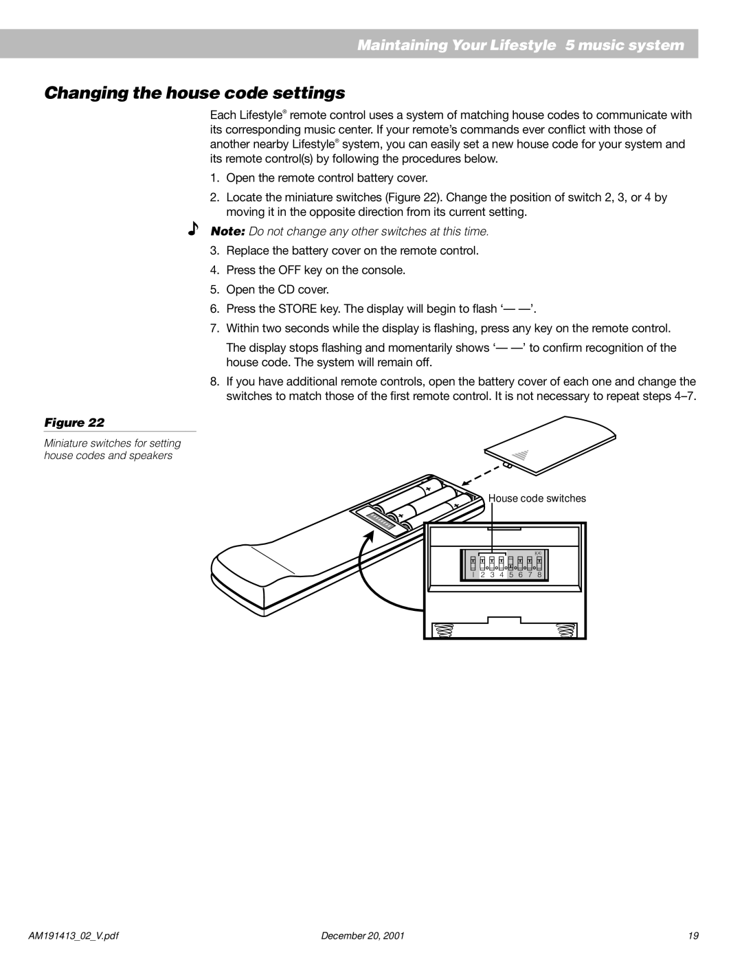 Bose 5 manual Changing the house code settings 