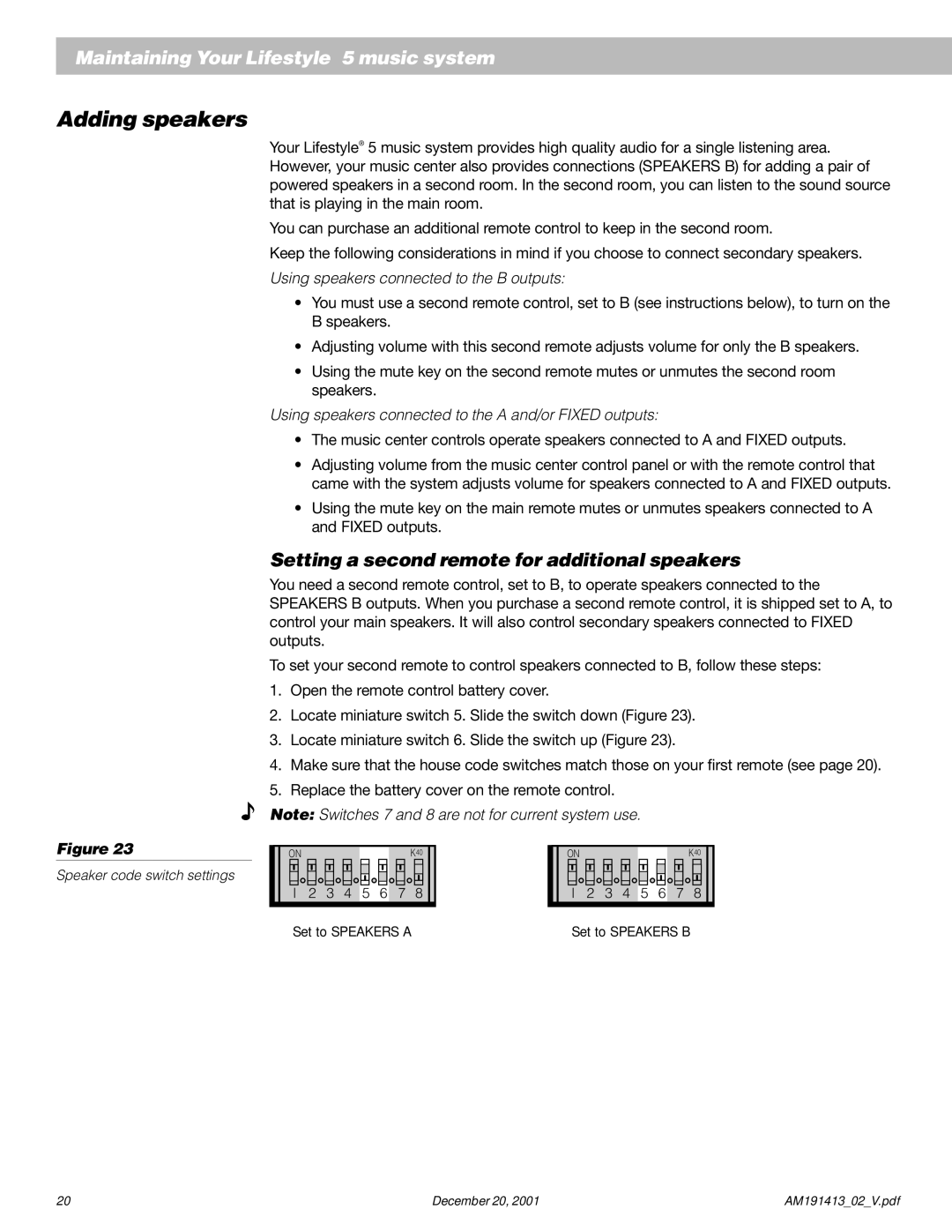 Bose 5 manual Adding speakers, Setting a second remote for additional speakers 