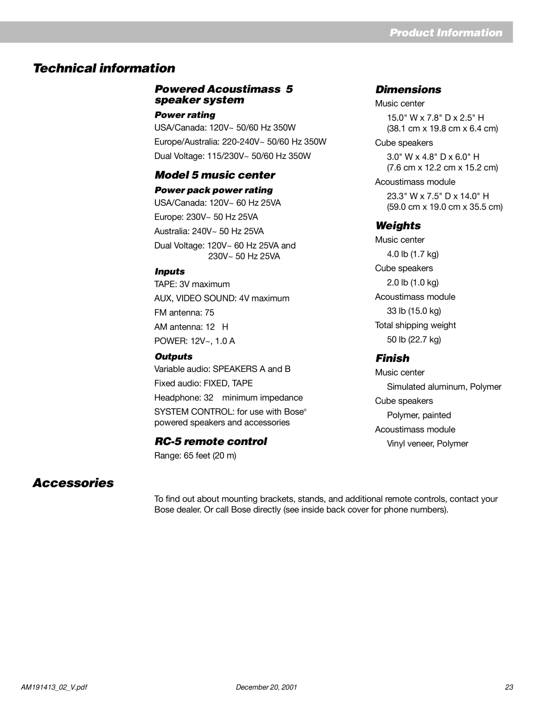 Bose 5 manual Technical information, Accessories 