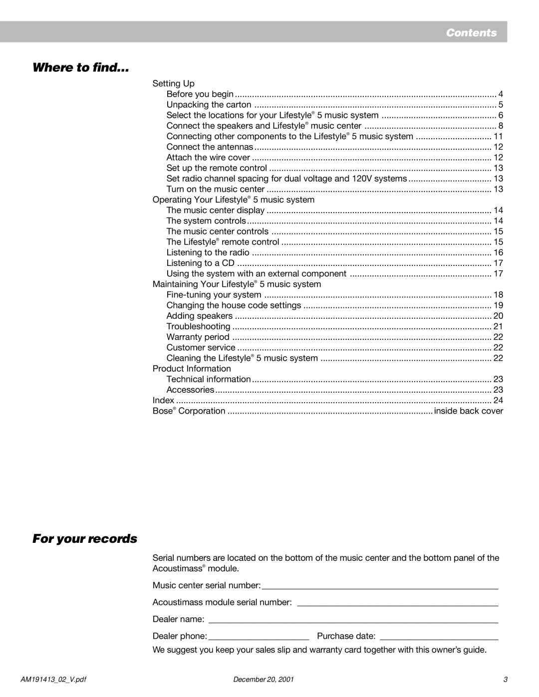 Bose 5 manual Where to find…, For your records 