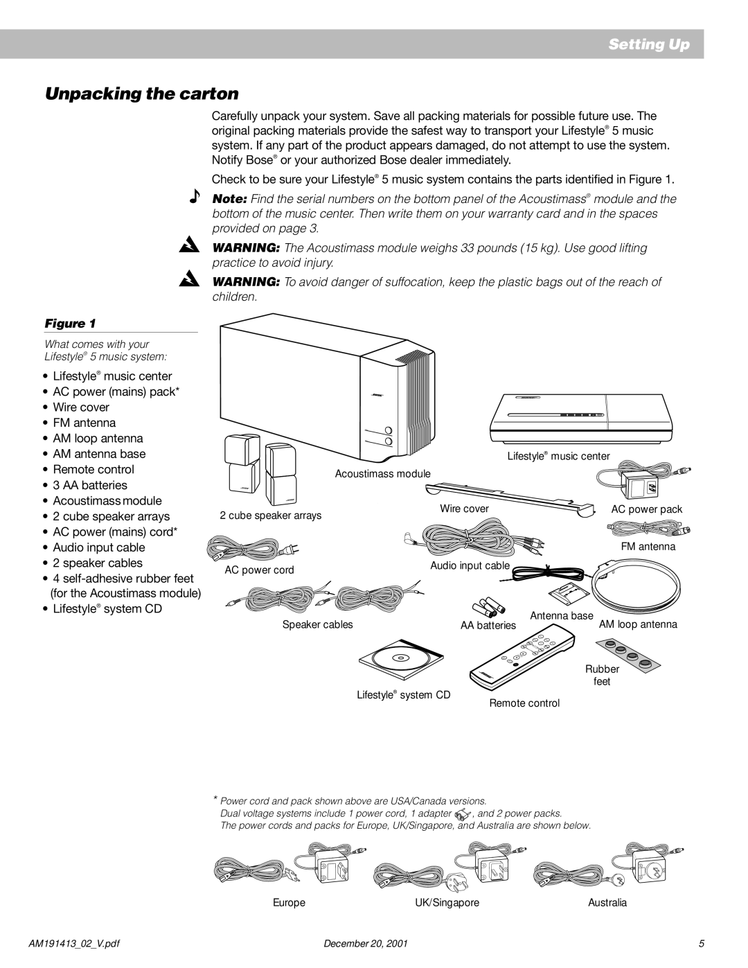 Bose 5 manual Unpacking the carton, Feet Lifestyle system CD Remote control 