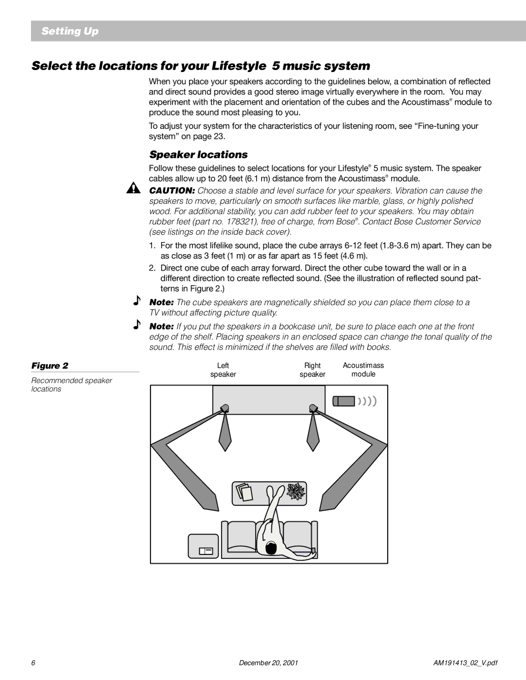 Bose manual Select the locations for your Lifestyle 5 music system, Speaker locations 