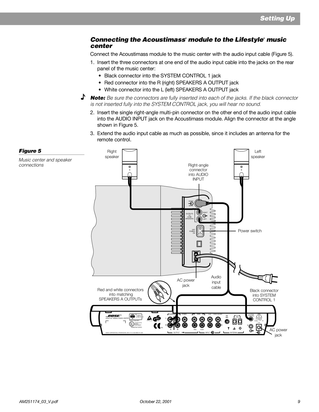 Bose 5 manual Music center and speaker connections 