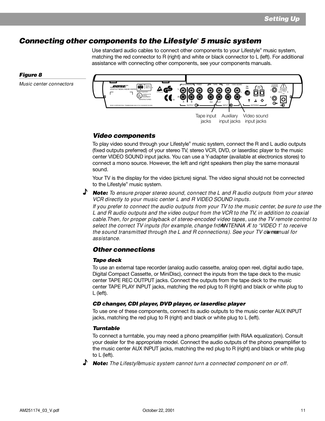 Bose manual Connecting other components to the Lifestyle 5 music system, Video components, Other connections 