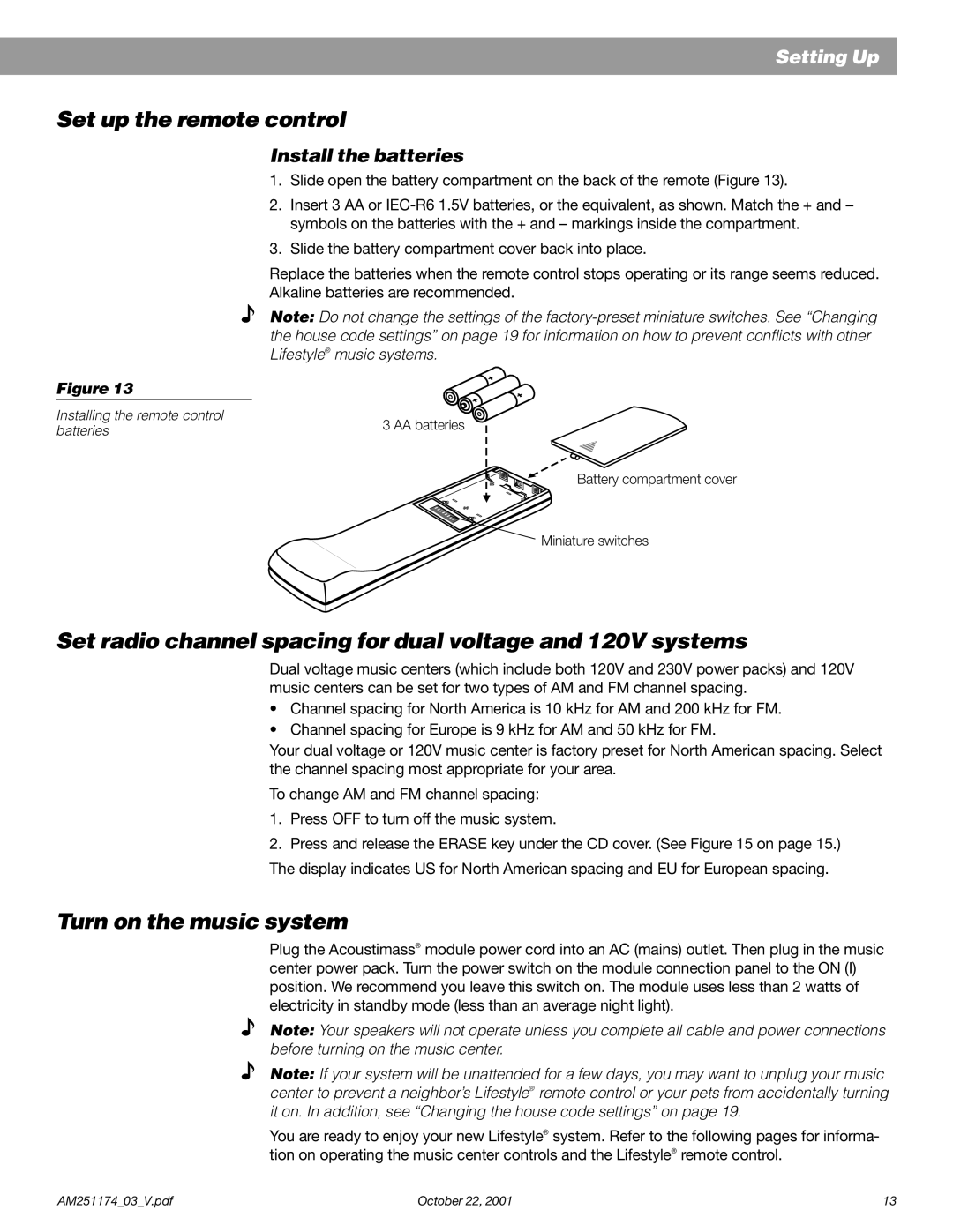 Bose 5 Set up the remote control, Set radio channel spacing for dual voltage and 120V systems, Turn on the music system 