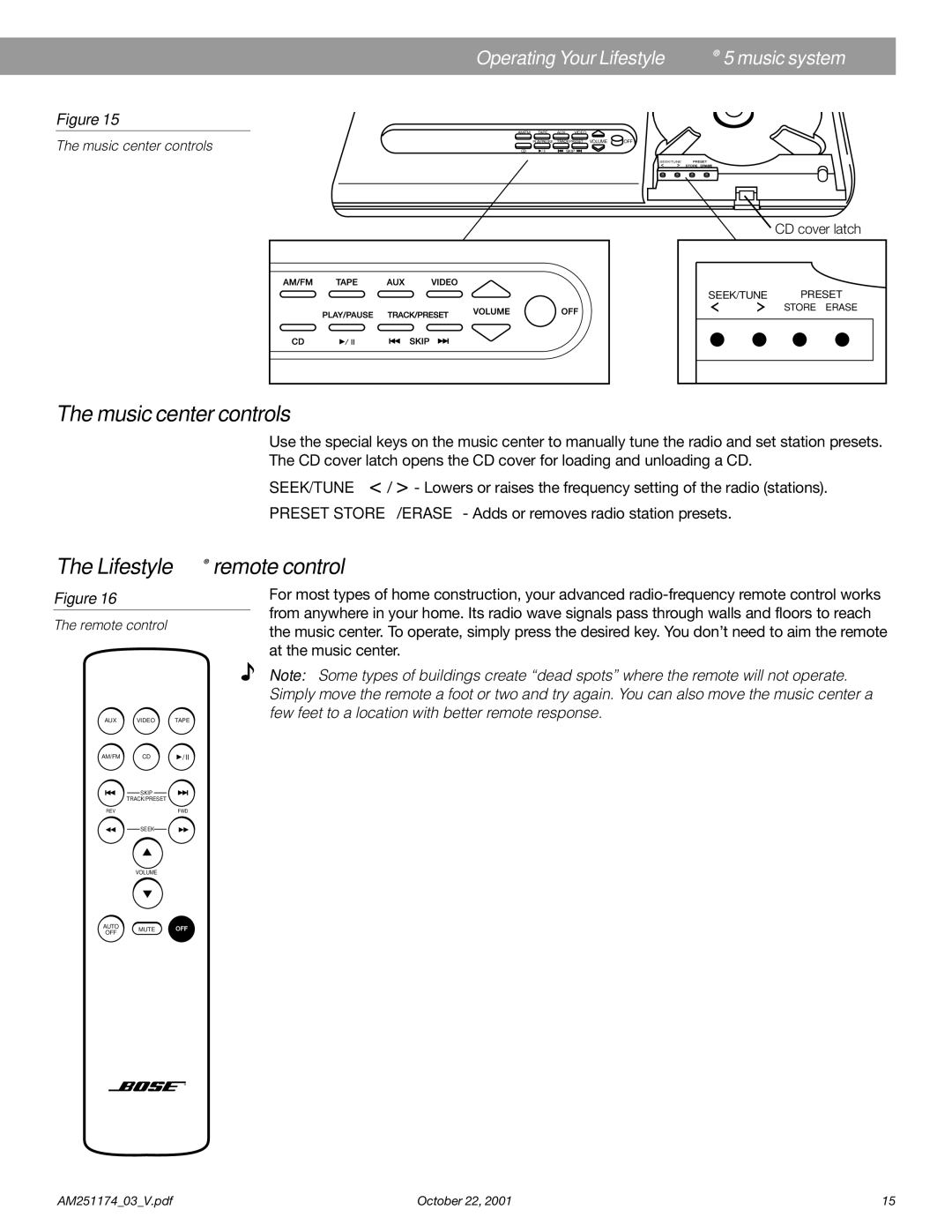 Bose 5 manual Music center controls, Lifestyle remote control 