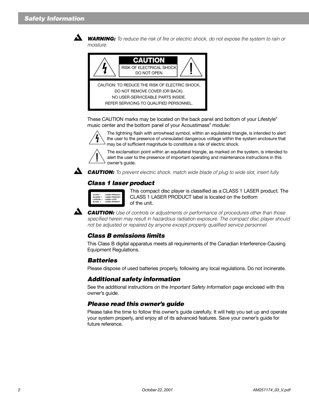 Bose 5 manual Class 1 laser product, Class B emissions limits, Batteries, Additional safety information 