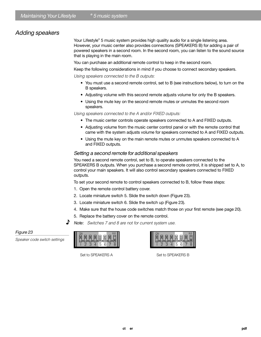 Bose 5 manual Adding speakers, Setting a second remote for additional speakers 