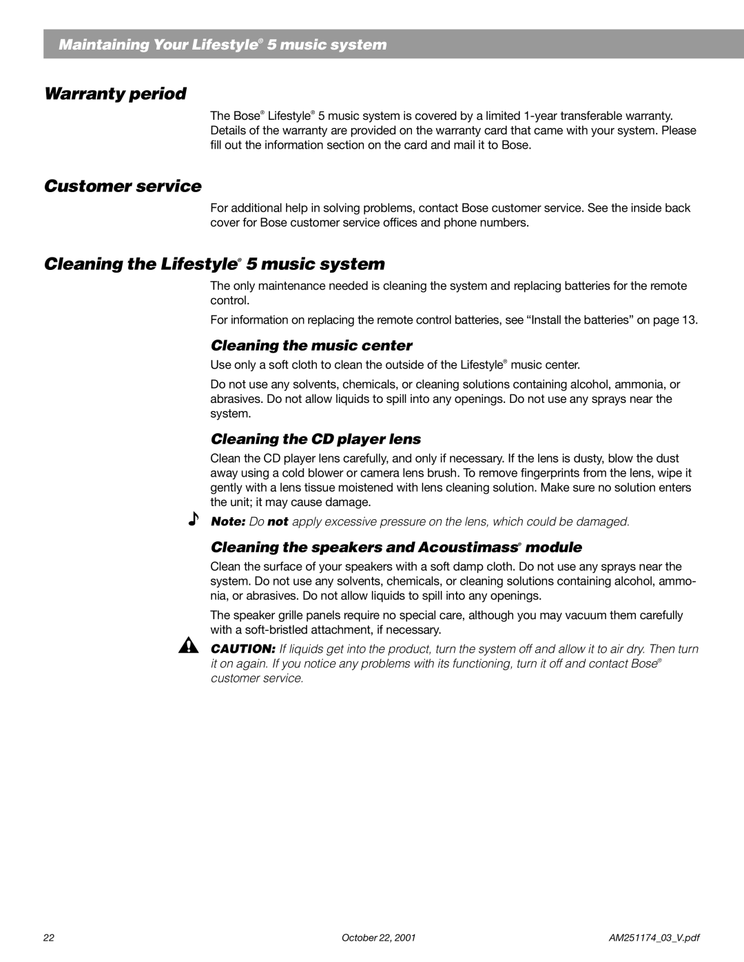 Bose manual Warranty period, Customer service, Cleaning the Lifestyle 5 music system 