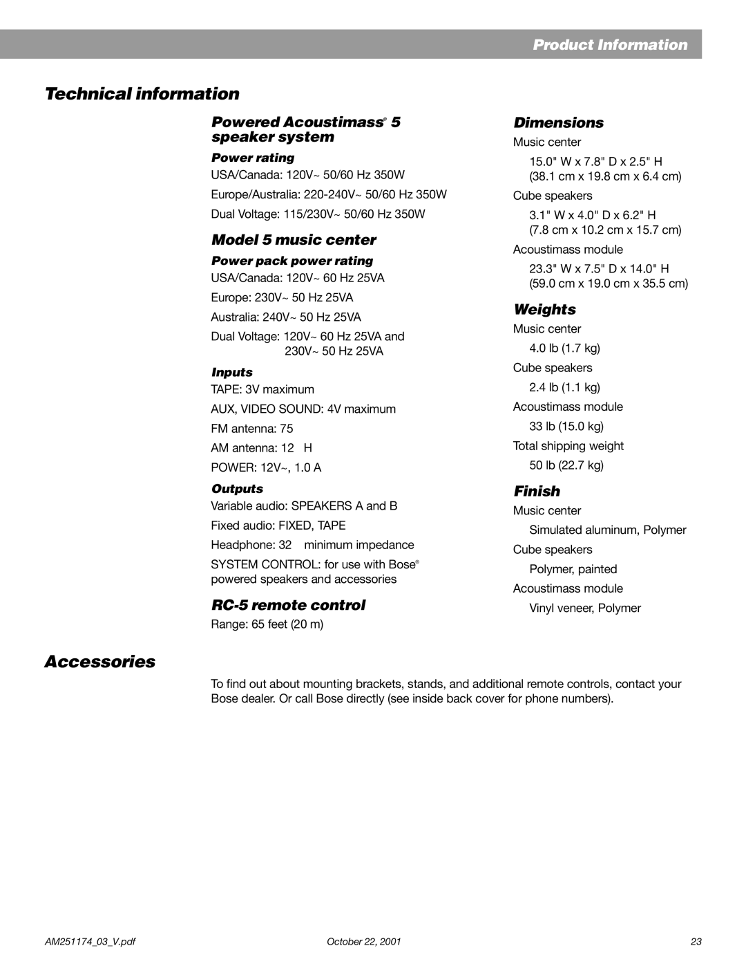 Bose 5 manual Technical information, Accessories 