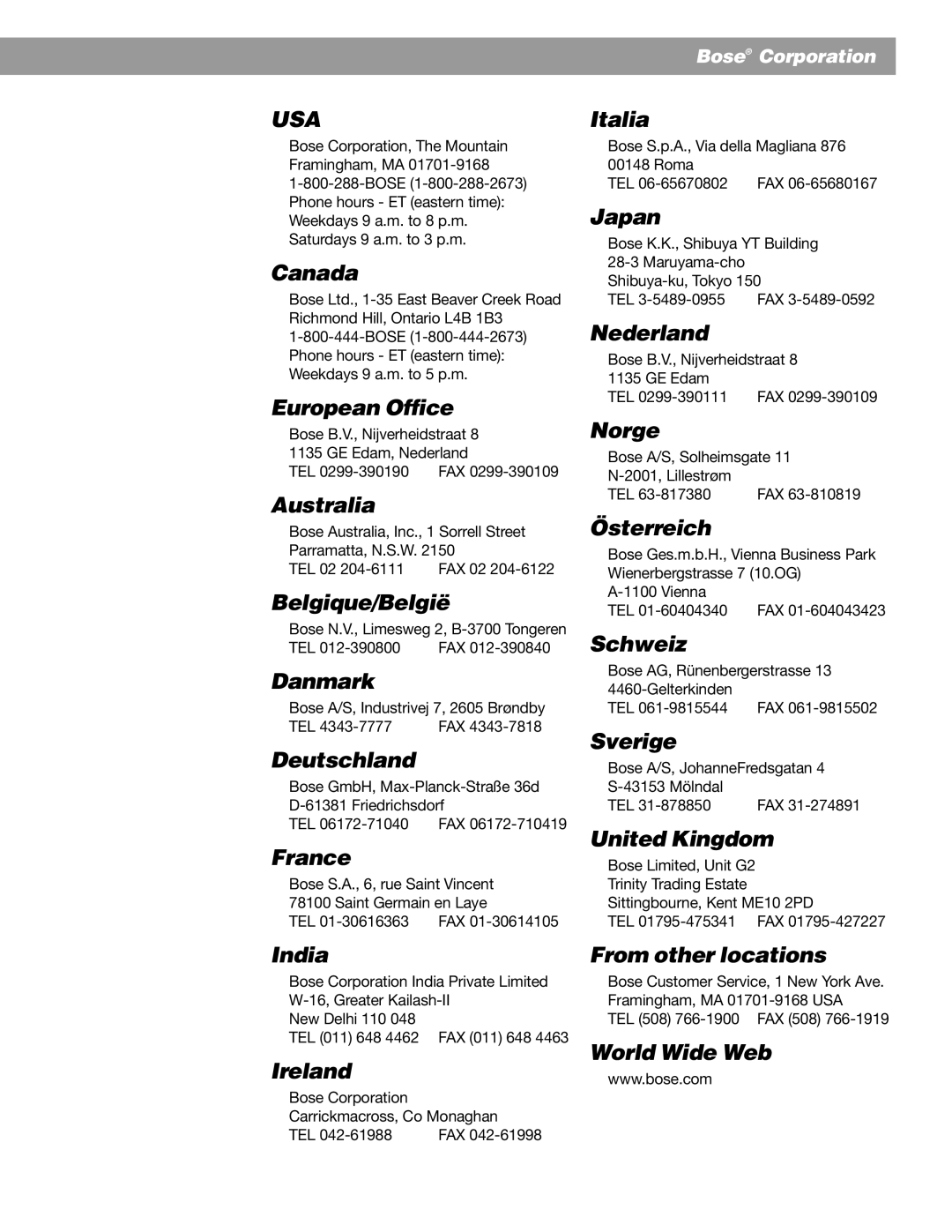 Bose 5 Canada, European Office, Australia, Belgique/België, Danmark, Deutschland, France, Italia, Japan, Nederland, Norge 