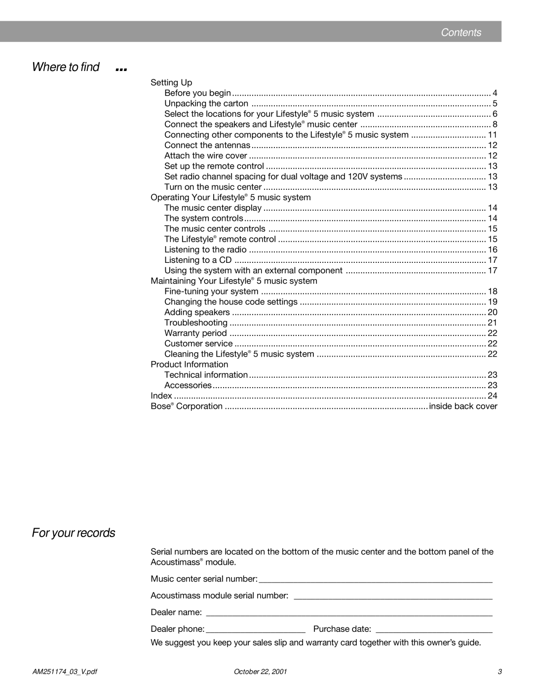 Bose 5 manual Where to find…, For your records 