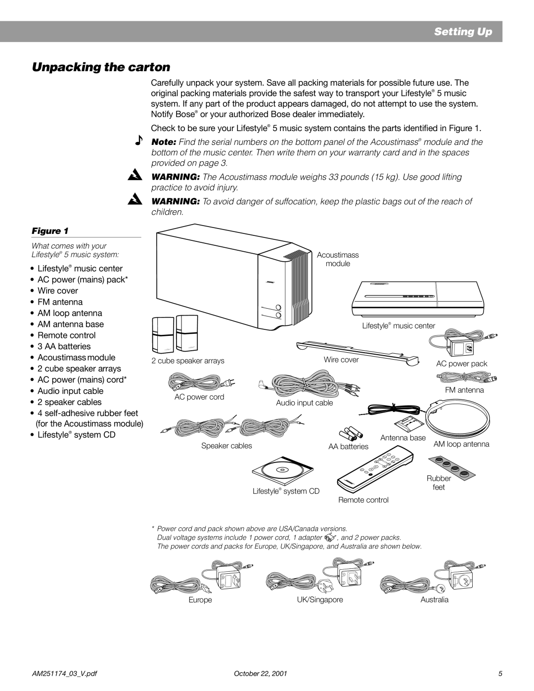 Bose 5 manual Unpacking the carton, Lifestyle system CD Feet 