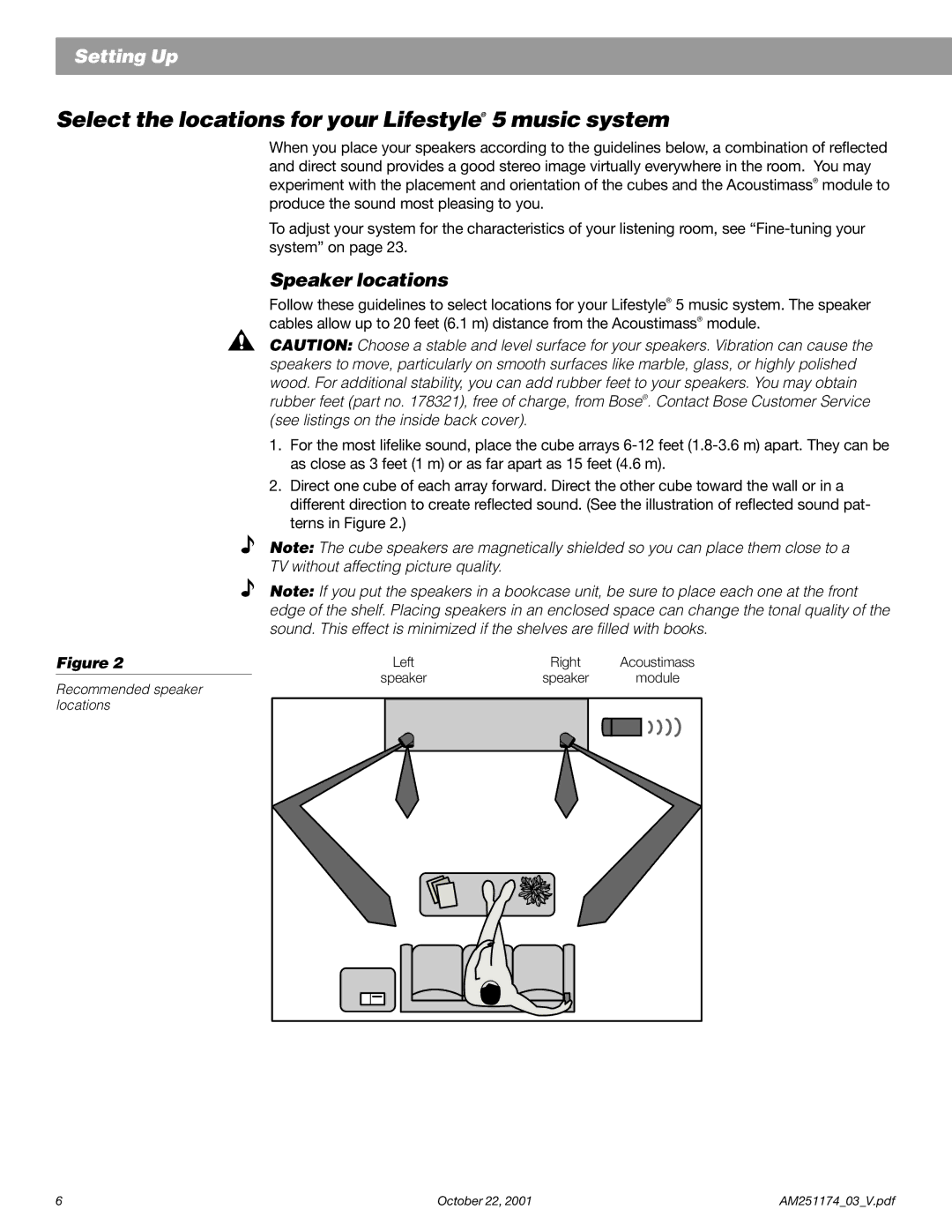 Bose manual Select the locations for your Lifestyle 5 music system, Speaker locations 