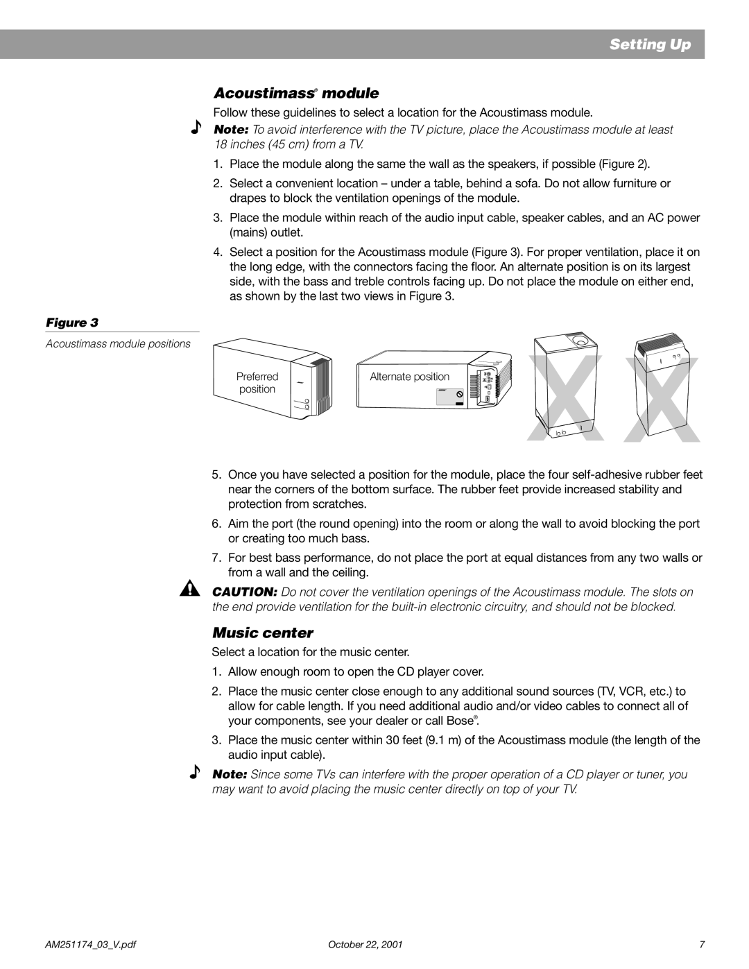 Bose 5 manual Acoustimass module, Music center 