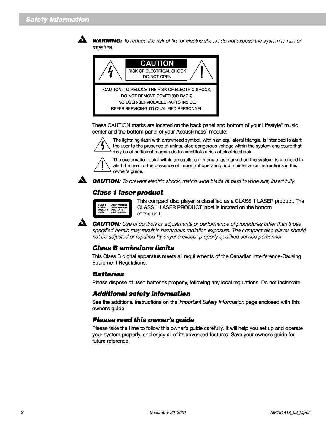 Bose 5 manual Safety Information, Class 1 laser product, Class B emissions limits, Batteries, Additional safety information 