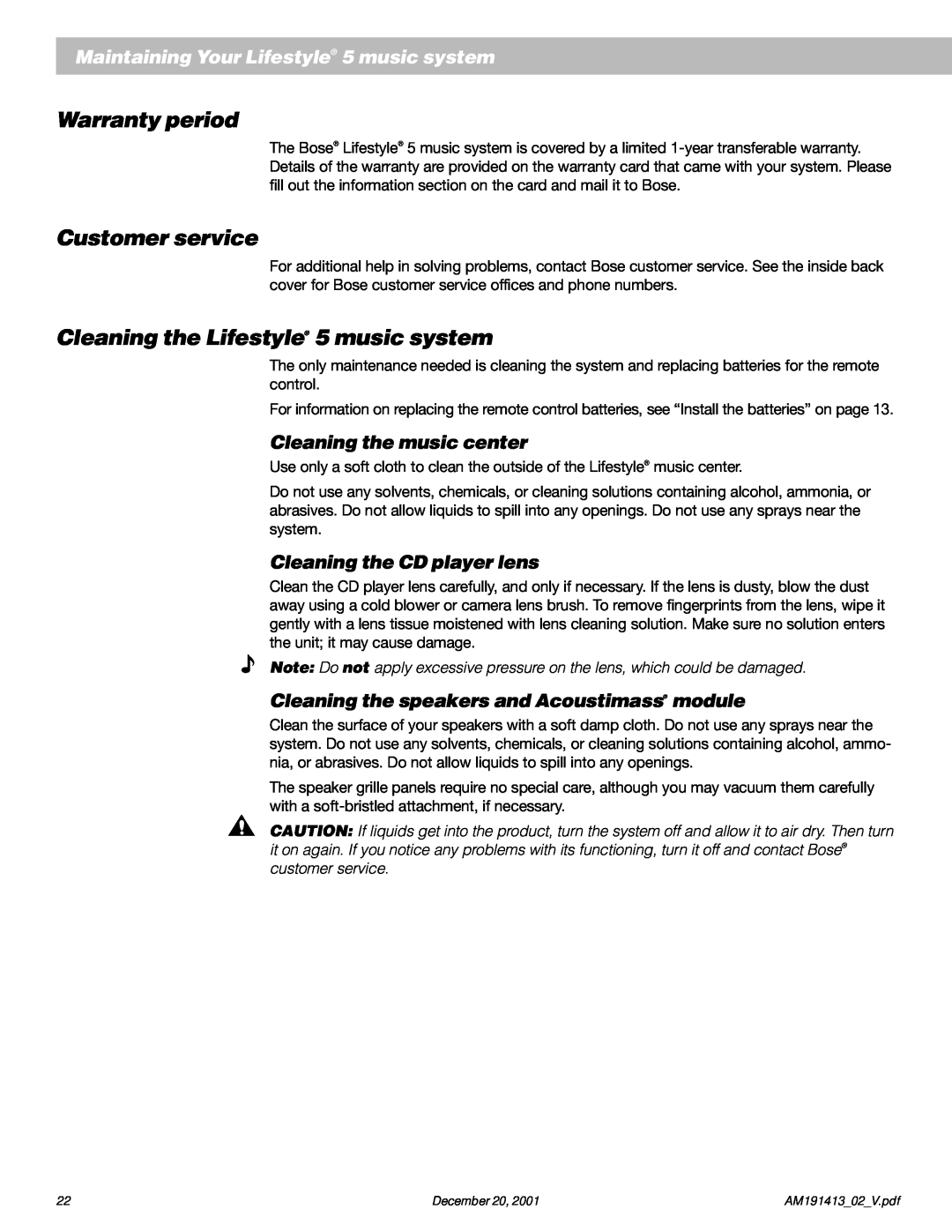 Bose manual Warranty period, Customer service, Cleaning the Lifestyle 5 music system, Cleaning the music center 