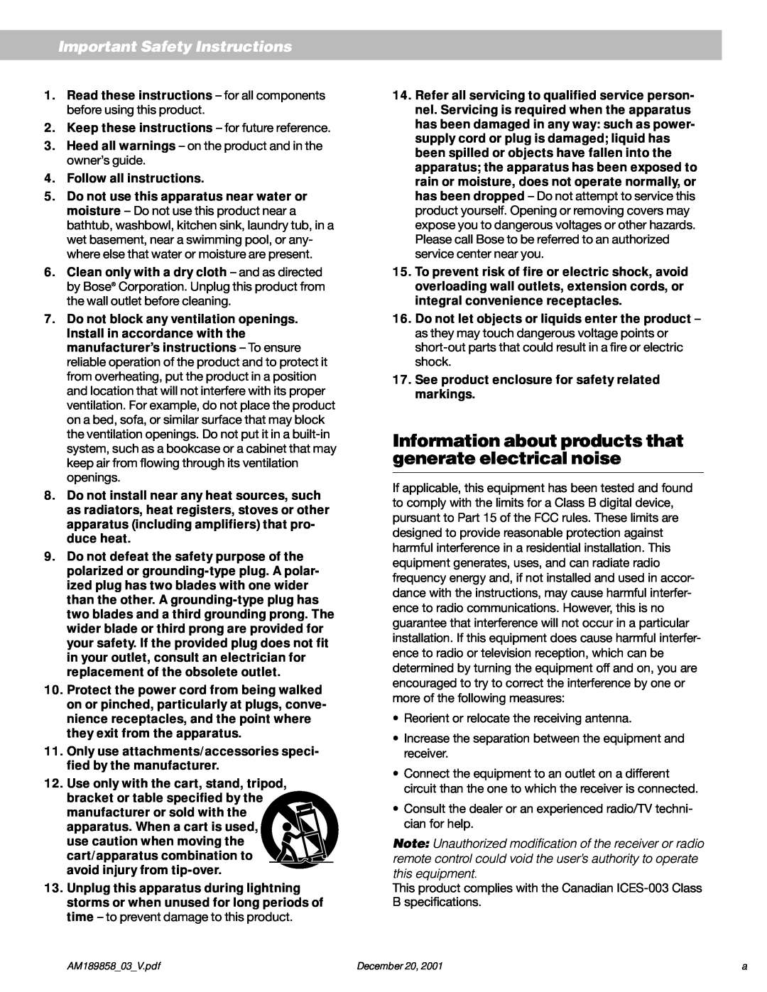 Bose 5 manual Important Safety Instructions 