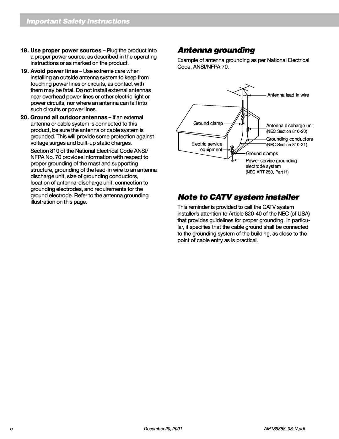 Bose 5 Antenna grounding, Note to CATV system installer, Important Safety Instructions, Antenna lead in wire, Ground clamp 