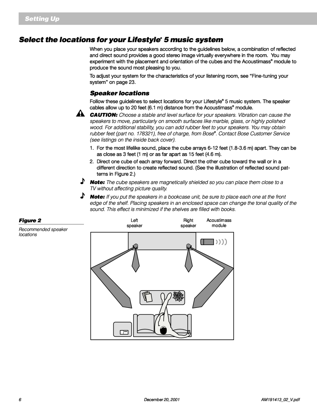 Bose 5 manual Setting Up, Speaker locations, Recommended speaker locations 